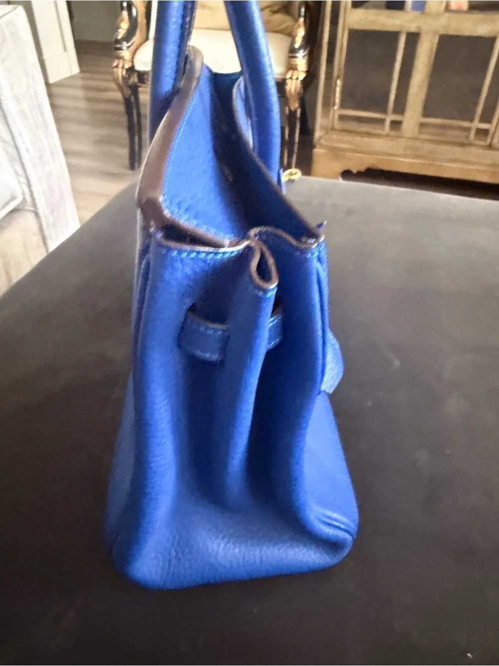 Classic Blue Pebbled Leather Top-Handle Satchel with Gold-Tone Hardware